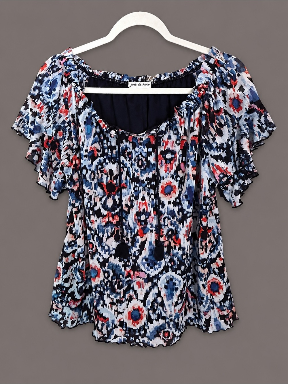 Floral Mosaic Off-Shoulder Ruffle Sleeve Blouse - Blue Multi